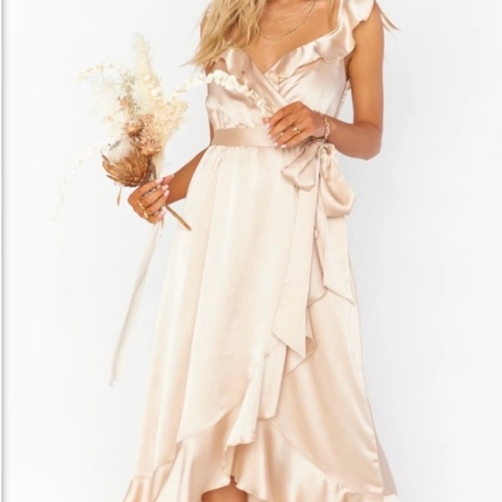 NWT Show Me Your MuMu Samantha Ruffle
Dress in Champagne luxe satin
